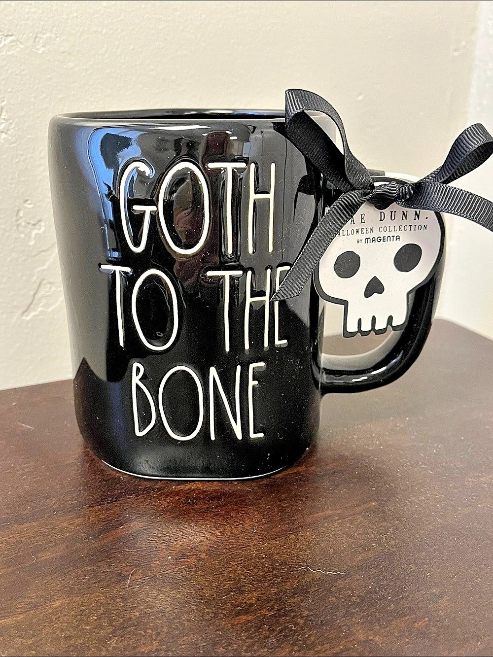 Rae Dunn โGOTH TO THE BONEโ mug in Gloss Black & White NWT
